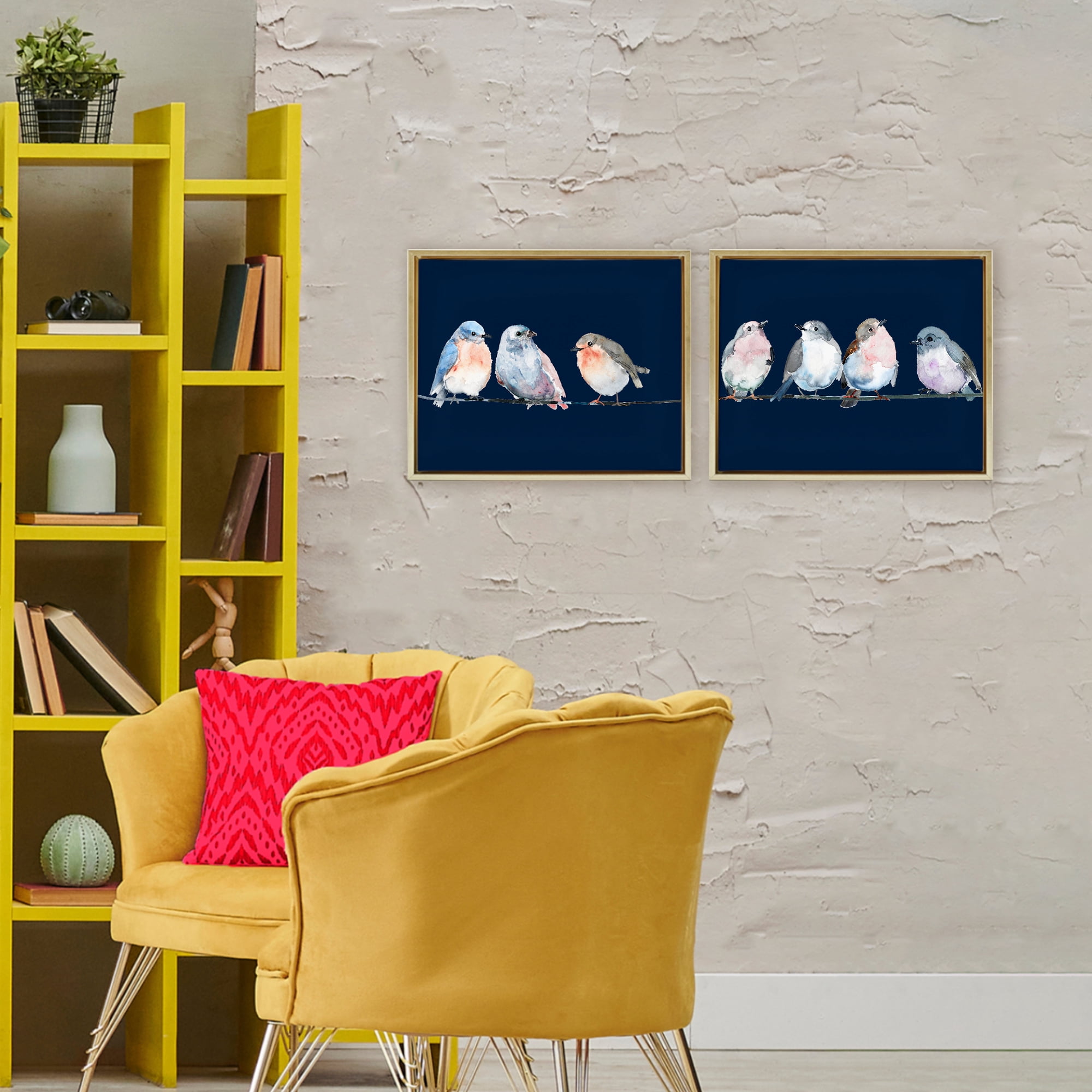 Stupell Industries Perched Navy Toned Birds 2 Piece Gold Framed Floater Canvas Set, design by Lorenzo Collective