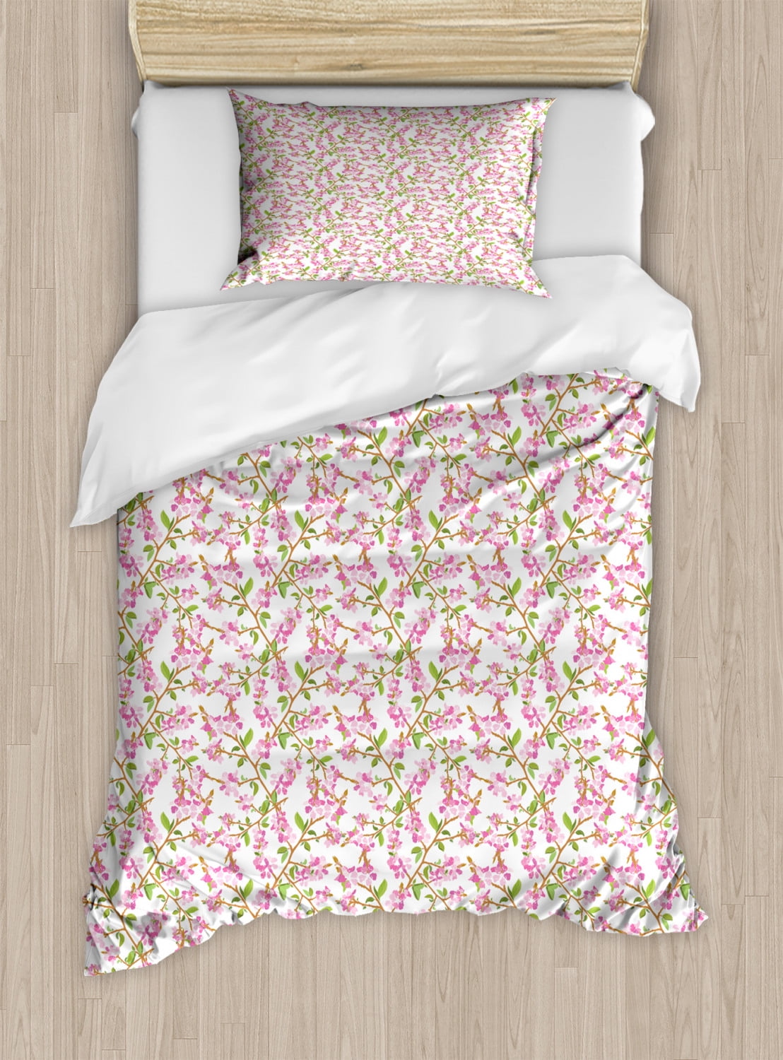 Cherry Blossom Twin Size Duvet Cover Set, Hand Drawn Cherry Blossom
