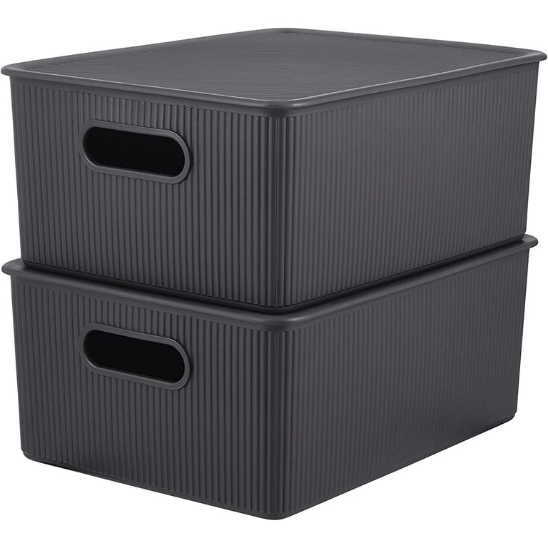 Superio 15L Medium Brown Ribbed Storage Bin with Lid Plastic 2 Pack
