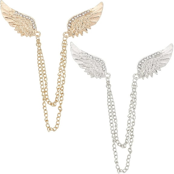 1bag 2pcs Collar Clip Chain Rhinestone Double Angel Wing Brooch Pin with Hanging Chain Lapel Pin for Wedding Party Men Women Coat Suit Shirt Collar Decoration Jewellery Accessories Gift