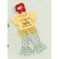 thumbnail image 4 of Kids Girls Summer Outfits 6 12 18 24M 3 4T Letters Print Short Sleeve T-shirt with Tassels and Casual Flare Pants Headbands Set, 4 of 9