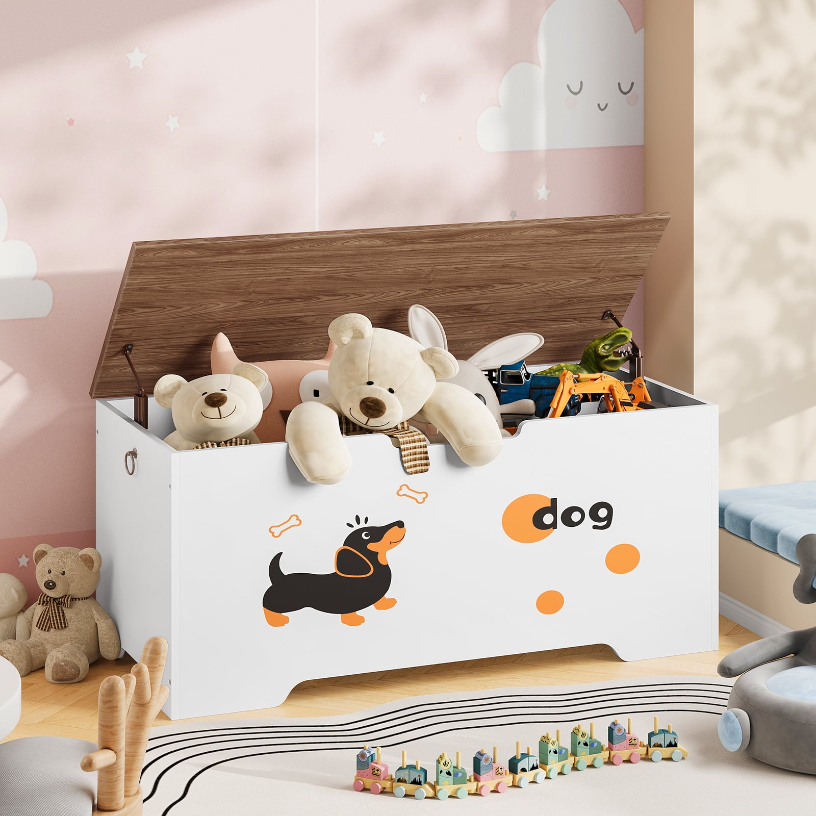 HOOBRO Storage Bench, Toy Box Organizer with Puppy Pattern, Shoe Bench with 2 Safety Hinges,&nbsp;Farmhouse Style, 39.4''L x 15.7''W x 19.5''H for Entryway,White and Walnut WH494CW01