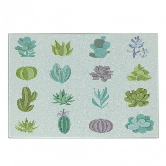 Exotic Cutting Board, Various Saguaro Barbary Fig Prickly Pear Peyote Tropical Plants, Decorative Tempered Glass Cutting and Serving Board, Small Size, Green Turquoise, by Ambesonne