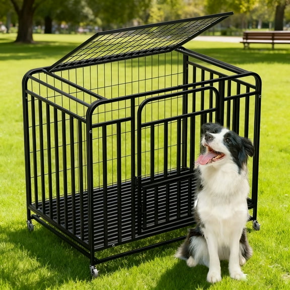 38" Heavy Duty Dog Crates,Upgraded 4 Lockable Wheels, Large Metal Dog Cage Easy to Clean, Escape Proof,Heavy Duty Indestructible high Anxiety Dog  Crates,Fitting Indoor,Outdoor,Haste