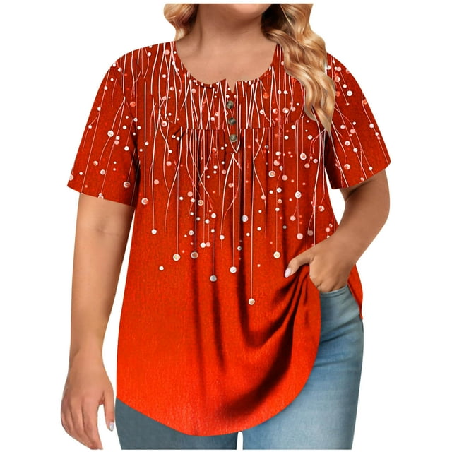 Womens Plus Size Short Sleeved Round Neck Button Up Pleated T-shirt Top