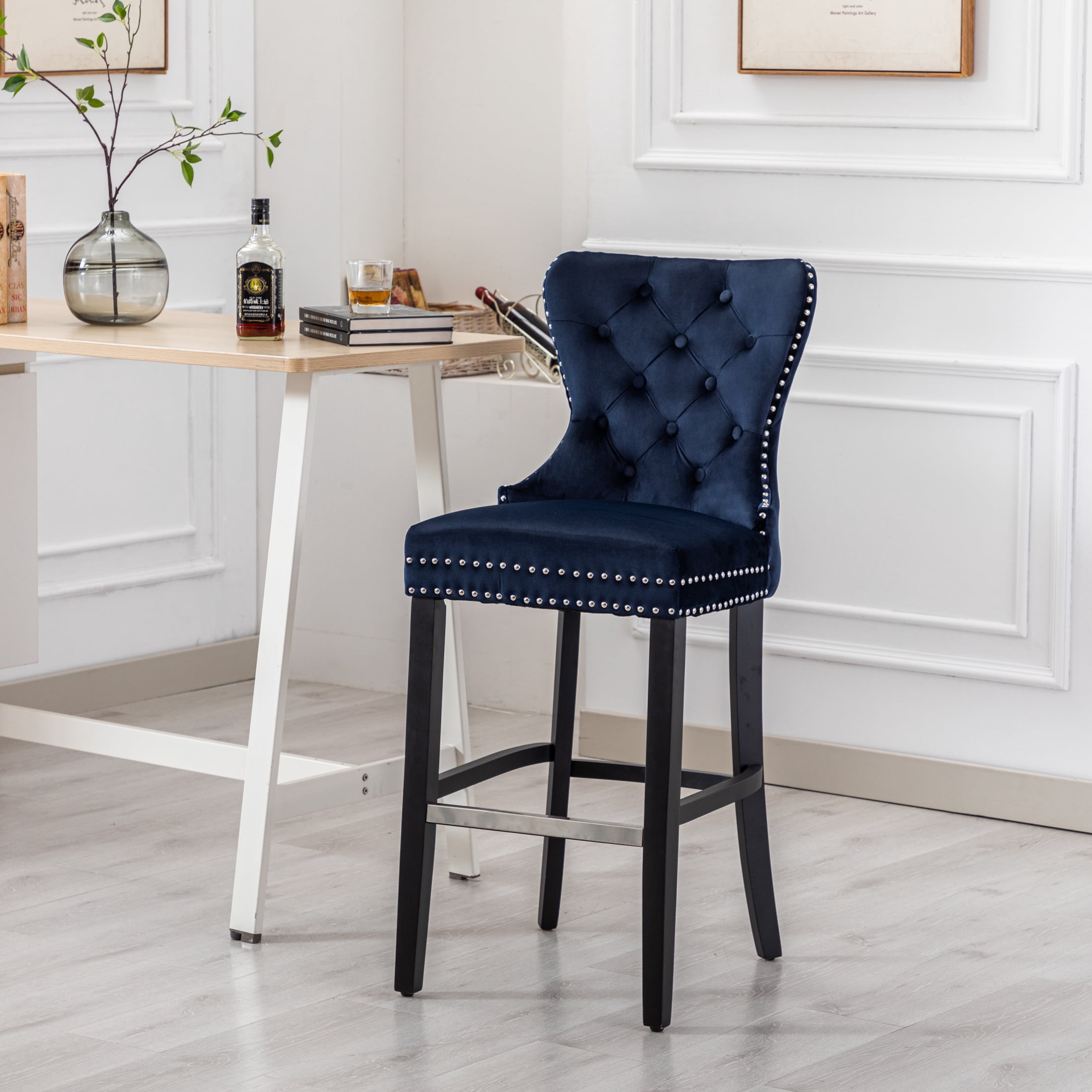 Westin Outdoor 29" Tufted Velvet Counter Stool, Black/Velvet Navy Blue