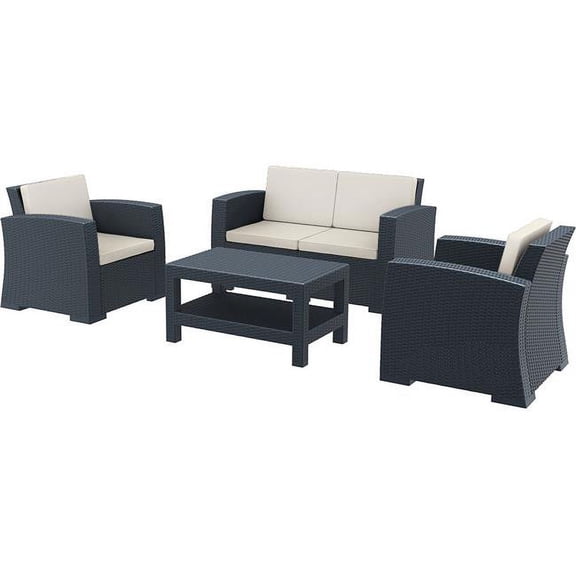 Luxury Commercial Living 4 Piece Gray Outdoor Patio Conversation Set with Natural Sunbrella Cushion