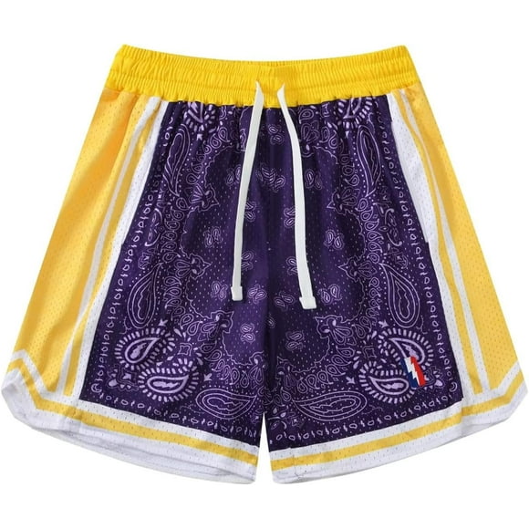 Short de Basket-Ball EMON Hommes Entraînement Athlétique Paisley Short Mesh Impression Course Pantalon Court Violet Petit