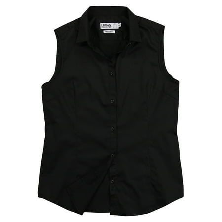 Women's Sleeveless Collared Shirt 100% Cotton Button Down Work Casual Shirt Blouse (Black, Medium)