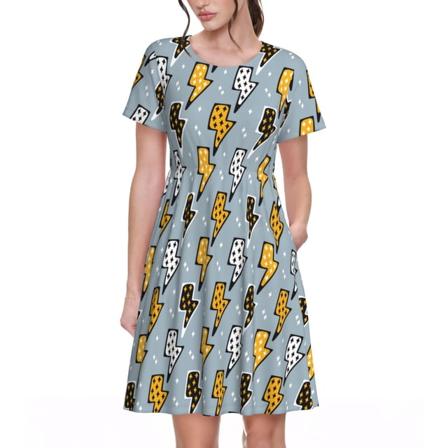 Disketp Lightning Bolts para Vestido de Manga Corta para Mujeres, Vestidos de Verano para Mujeres, Casual y Holgado para la Playa