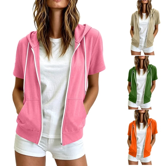 LLYWEY Short Sleeve Fleece Hoodie Women Zip-up Hooded Sweatshirt Fashion Casual Drawstring Front Full Zipper Hoodie with Side Pockets Pinks XL