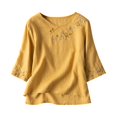 thumbnail image 6 of YigeTops 3/4 Sleeve Linen Shirts for Women Embroidered Tunic Loose Breathable Casual Summer Shirt Yellow 3XL, 6 of 6