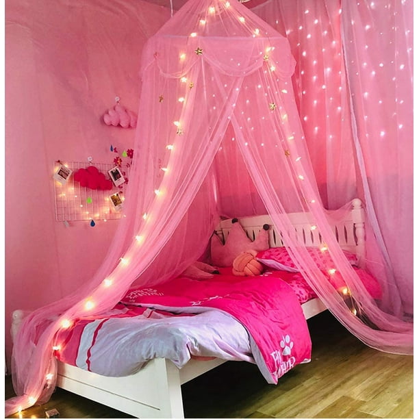 Iguohao Princess Bed Canopy With Lights Curtain Iguohao With Gold Star For Girls Kids Bedroom Decoration Fit For Twin Single Full Queen Size (Pink),fi