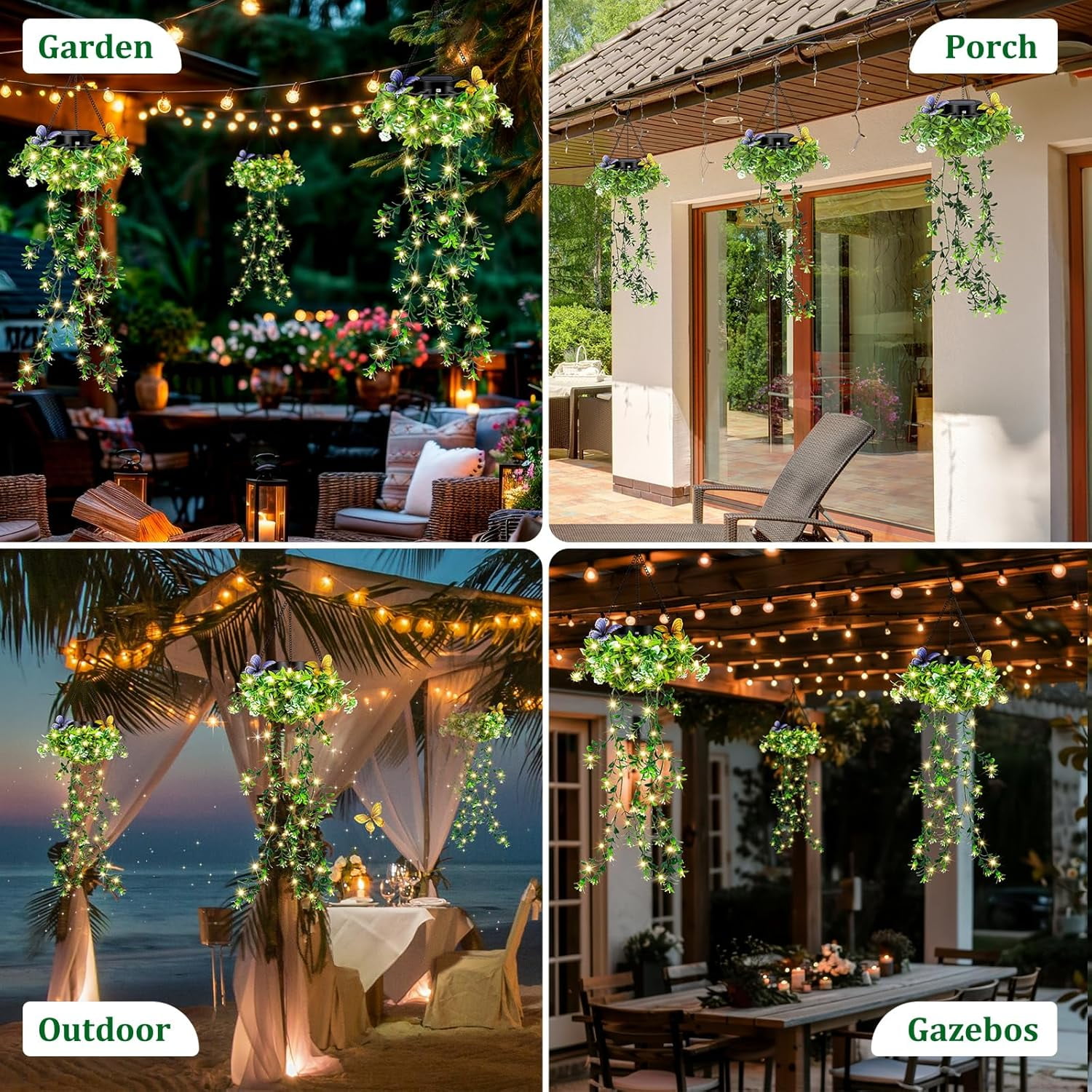 Solar Hanging Garden Lights, IP65 Waterproof Outdoor Hanging Artificial Plants Garden Lights with Artificial Ivy Flower Fairy String Lights for Patio Porch Balcony Spring Garden Decor (2PCS)