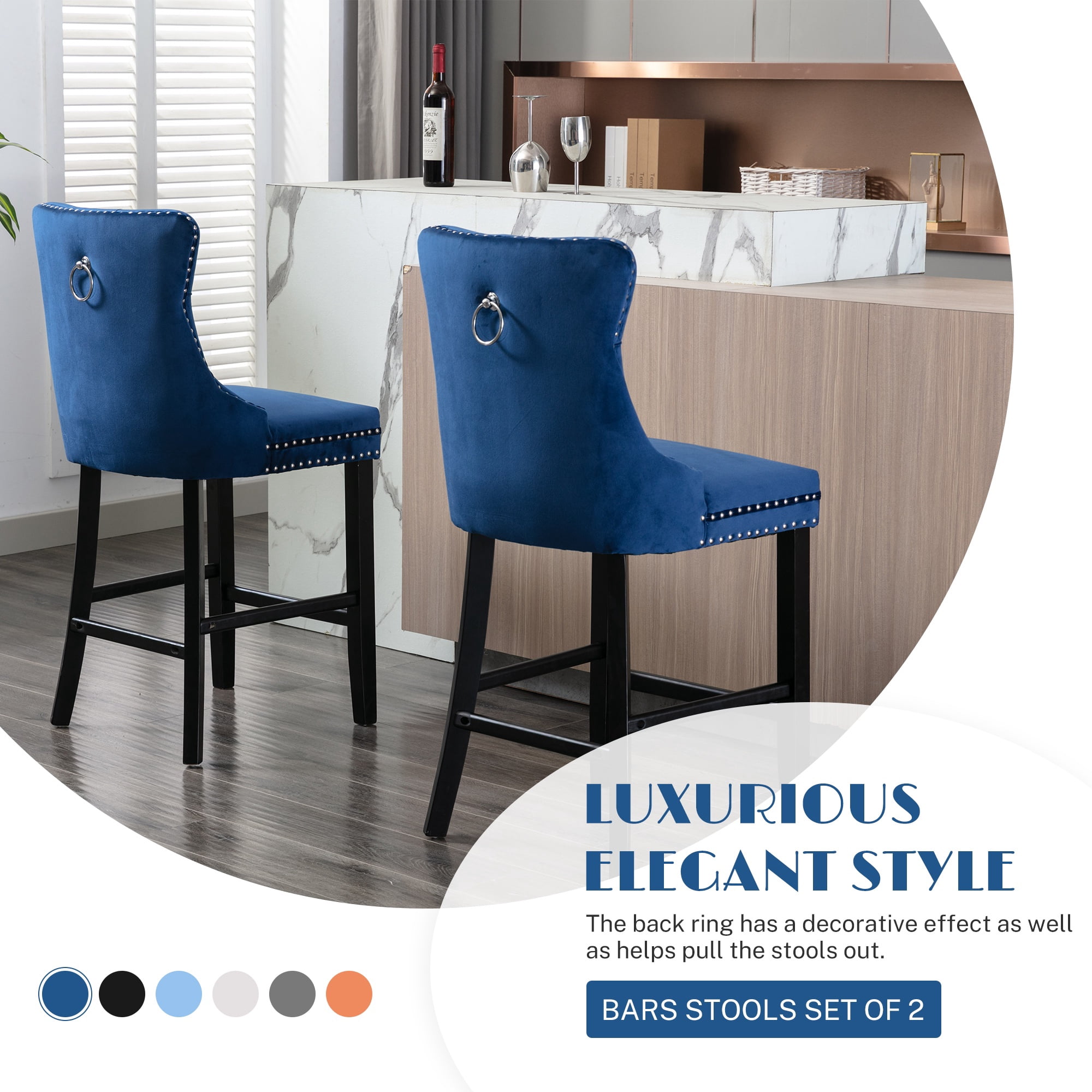 Paproos Upholstered Bar Stools Set of 2, Velvet Barstools with Wood Legs and Tufted, Modern Leisure Counter Height Bar Chairs with Chrome Nailhead Trim for Home Pub and Kitchen Island, Blue