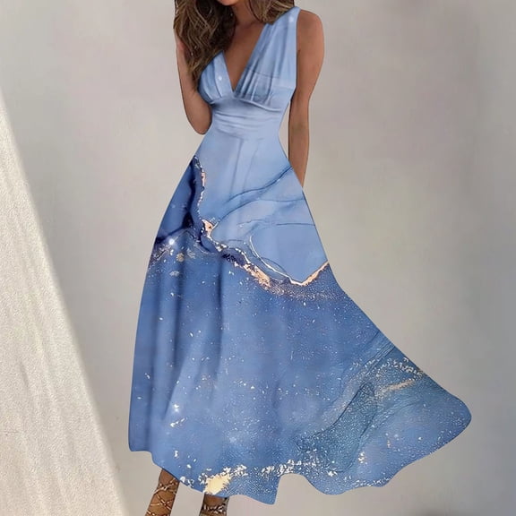 Plus Size Dresses for Women 2024 Spring Printed Casual V-Neck Sleeveless Long Dress