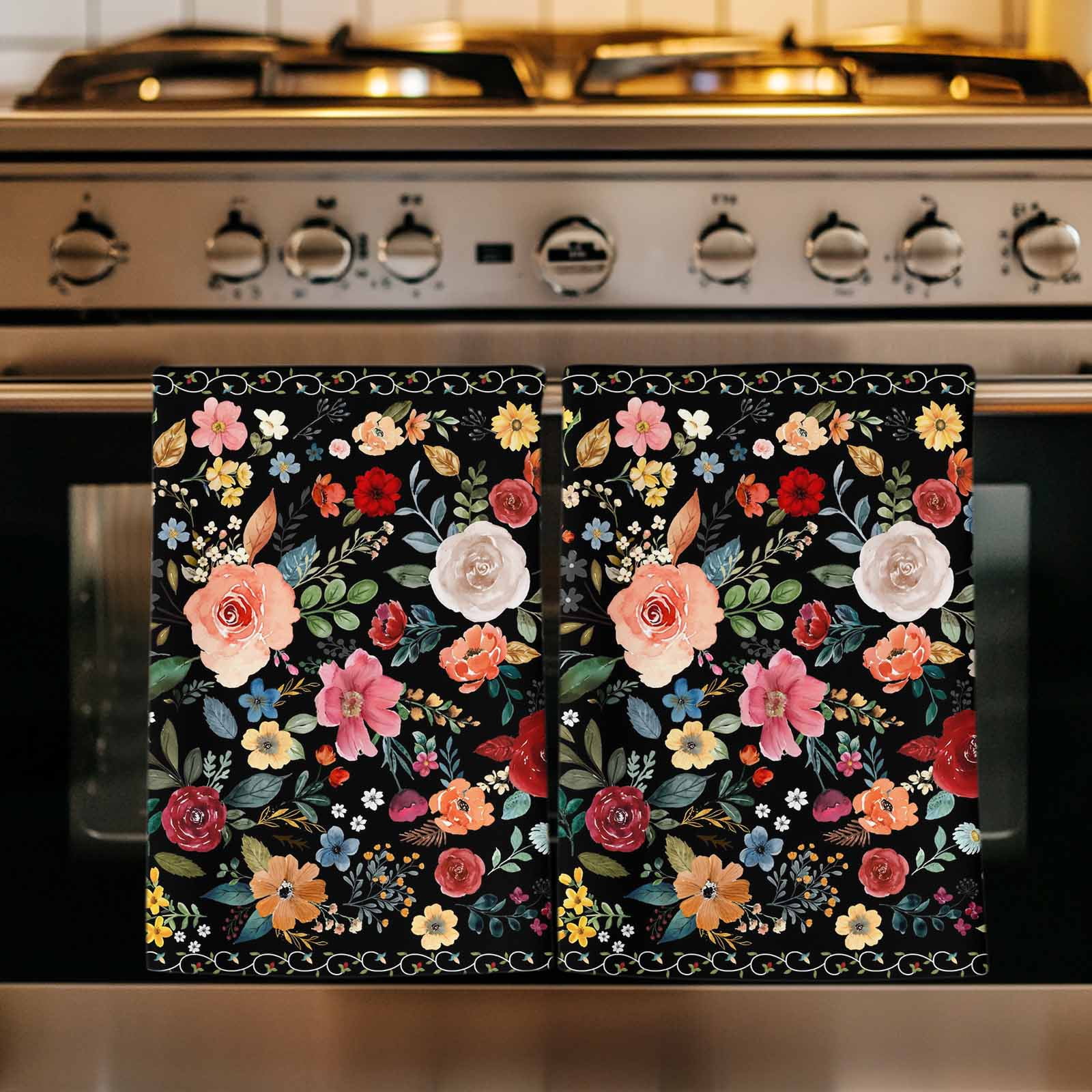 Dish Towels, Black Floral Absorbent Kitchen Towels 2 PCS, Farmhouse Vintage Flower Microfiber Hand Towels Dish Cloths Tea Towels for Home&nbsp;Bathroom Cleaning Drying,18X28-Inch,
