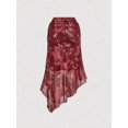 thumbnail image 2 of Burgundy Marble Print Asymmetrical Hem Ruched Waist Side Tie Flowy Skirt For Women, 2 of 4