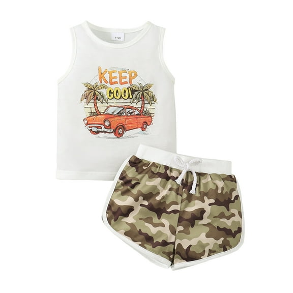 9 Months Baby Boys Clothes 12 Months Boys 2PCS Summer Outfits Set Round Neck Letter Print Infant Boys Sleeveless Tank Top Camo Shorts Set White