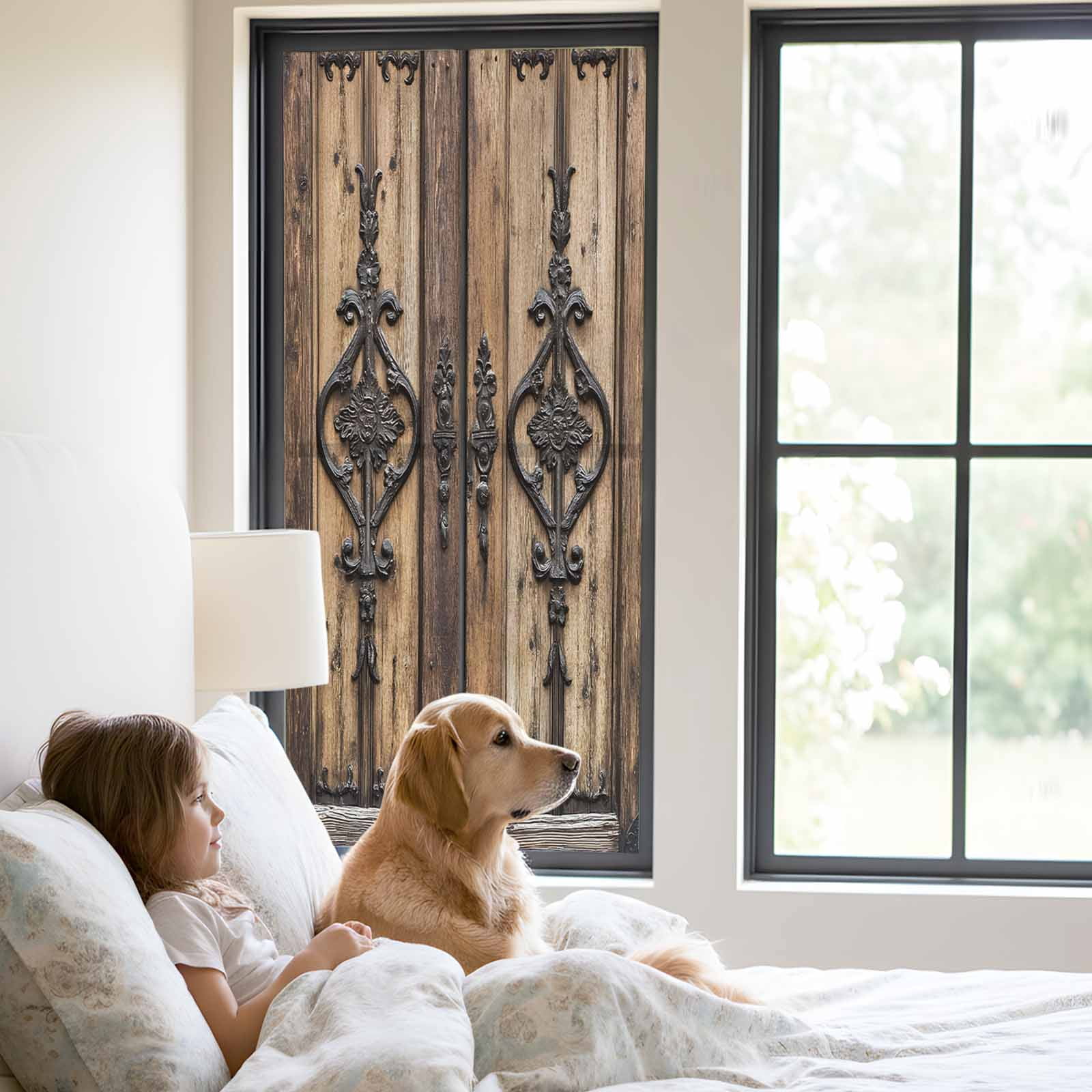 Wooden Plank Window Privacy Film, Rustic Farmhouse Brown Black Barn Door Static Cling UV Sun Blocking Heat Control Window Tint Day and Night, Non-Adhesive One Way Windows Privacy Cover 29.5''x78.7''