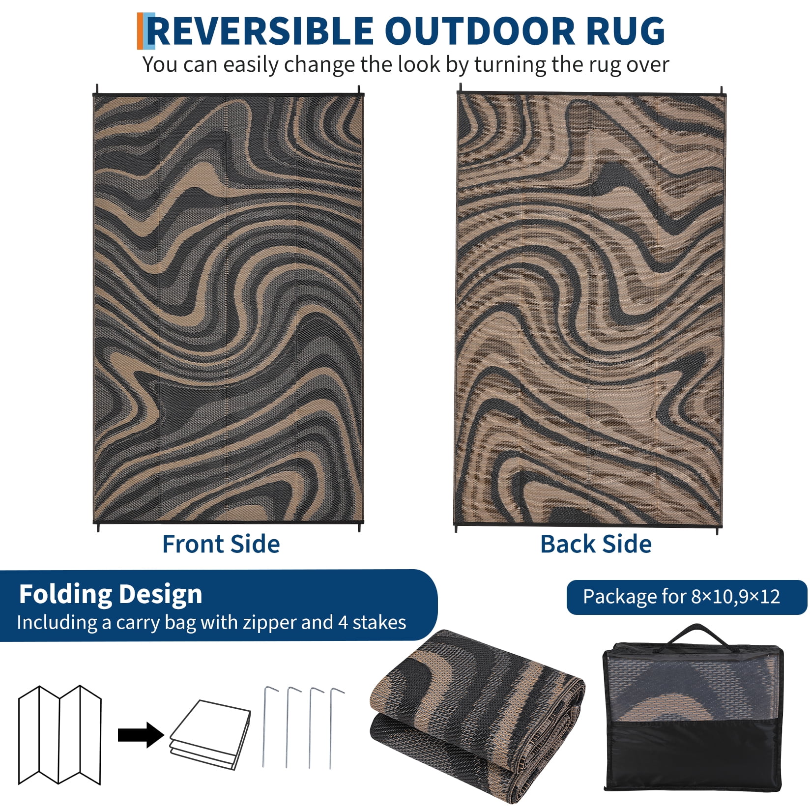 Garvee Outdoor Rug 10'x14' Abstract Plastic Area Rug Waterproof Reversible Outdoor Carpet, Plastic Straw Rug for Patio RV Camping Balcony Deck Backyard, Black