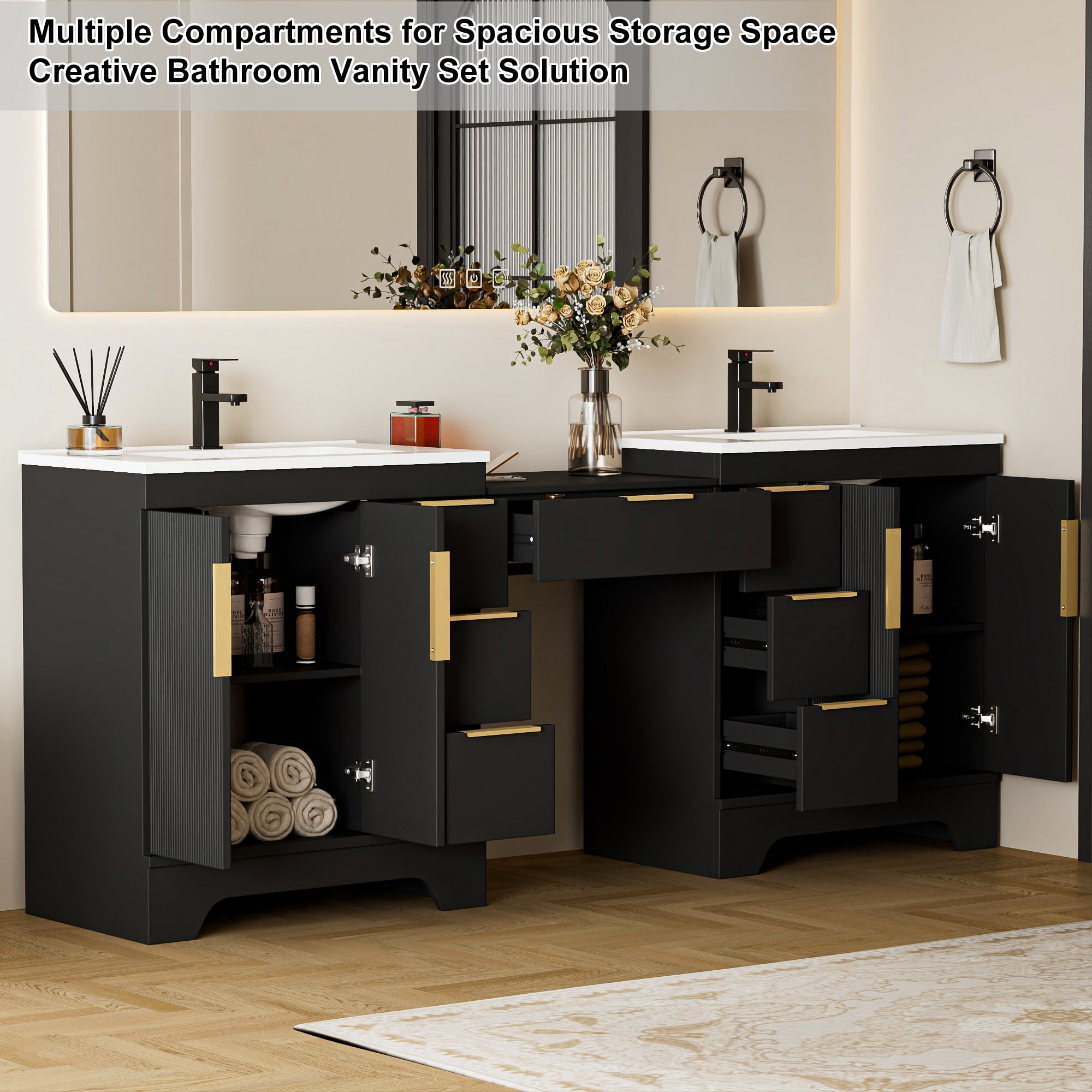 Eclife 84'' Bathroom Vanity with Double Integrated Sink, Wall-Mounted Makeup Table, Soft-Close Doors