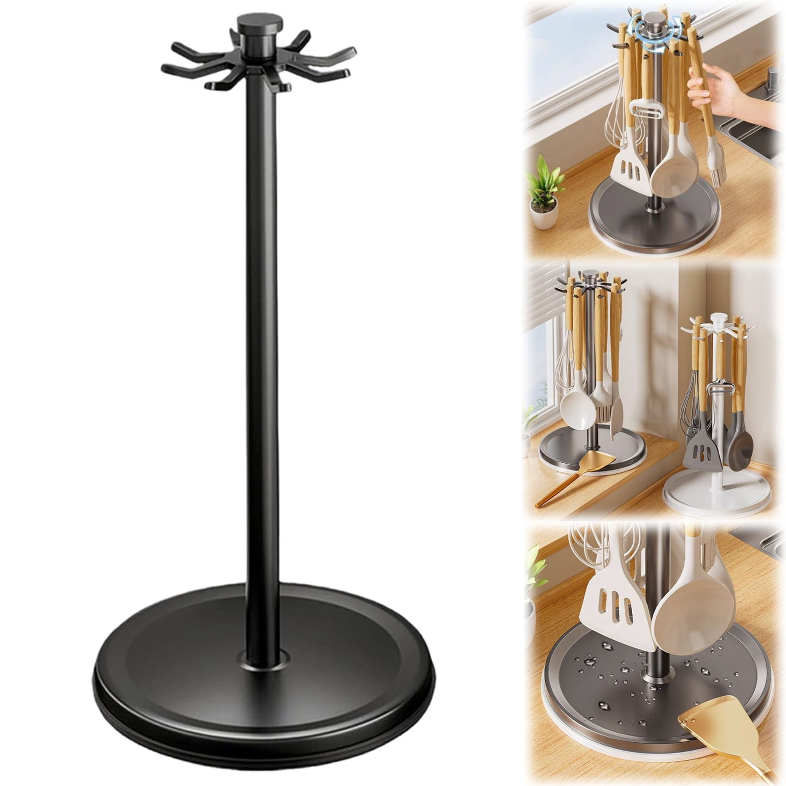 Kitchen Utensil Hanger with 8 Hooks,1 Pack Under Cabinet Utensil Holder 360° Rotatable Kitchen Hooks Utensil Rack Space Saving No Drilling Nail Free Kitchen Utensil Organizer for Wall(Black)
