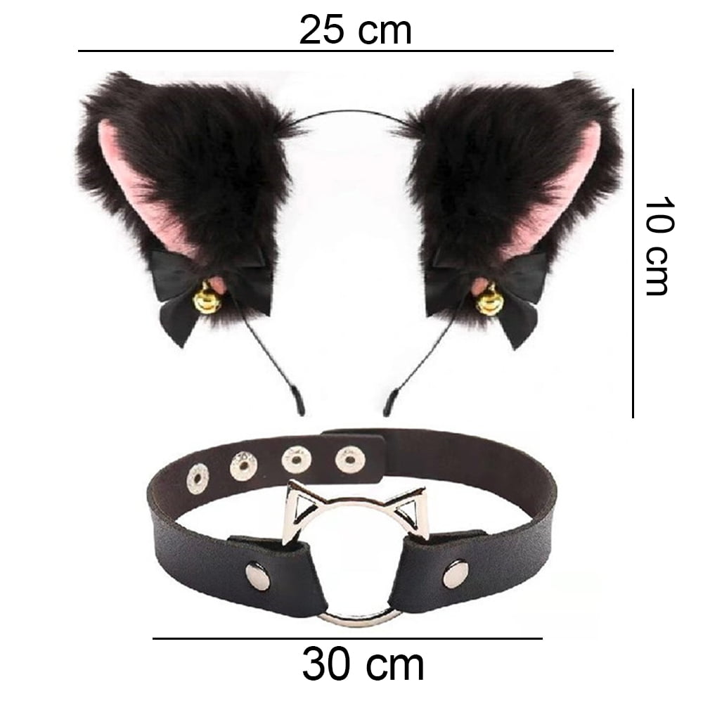 Black Cat Fox Fur Ears Headband and Lace Choker Neckwear Set with Bow Bells Plush Furry Headwear For Women Girls Halloween Cosplay Costume Party 
