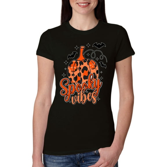 Wild Bobby Spooky Vibes Pumpkin Skulls Bats Stars with Orange and Black Halloween Women Slim Fit Junior Tee, Black, Small