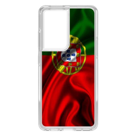DistinctInk Clear Shockproof Hybrid Case for Galaxy S21 ULTRA 5G (6.8" Screen) - TPU Bumper, Acrylic Back, Tempered Glass Screen Protector - Portugal Waving Flag