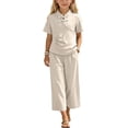 thumbnail image 6 of Amidoa Girls 2 Piece Outfits Summer Clothes Solid Color T Shirt Cute Ruffle Sleeve Short Sleeves Casual Pants Kids Clothing Sets Beige Size 1T, 6 of 9
