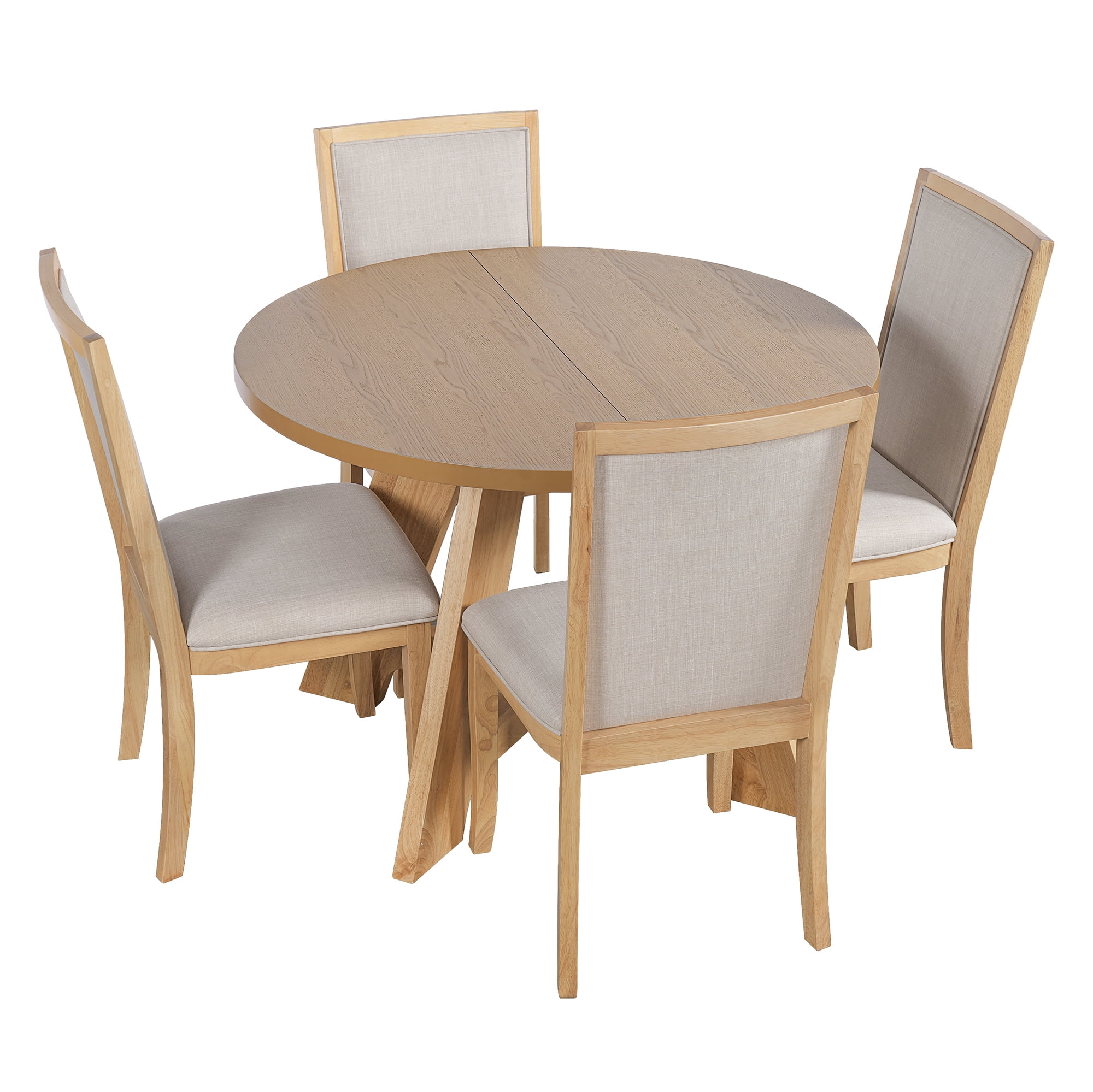 Euroco 5-Piece Round Dining Table Set for 4, Farmhouse Extendable Kitchen Table Set with Removable Leaf and 4 Upholstered Chairs for Small Places,Natural