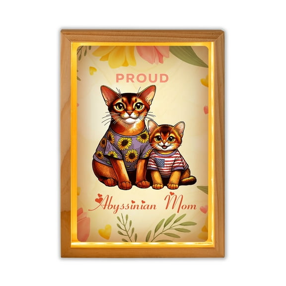 Happy Mother's Day Proud Abyssinian Mom Acrylic Plaque with Wood Photo Frame Box Cat Lover Kitten Owner Gifts Light Box - 03003