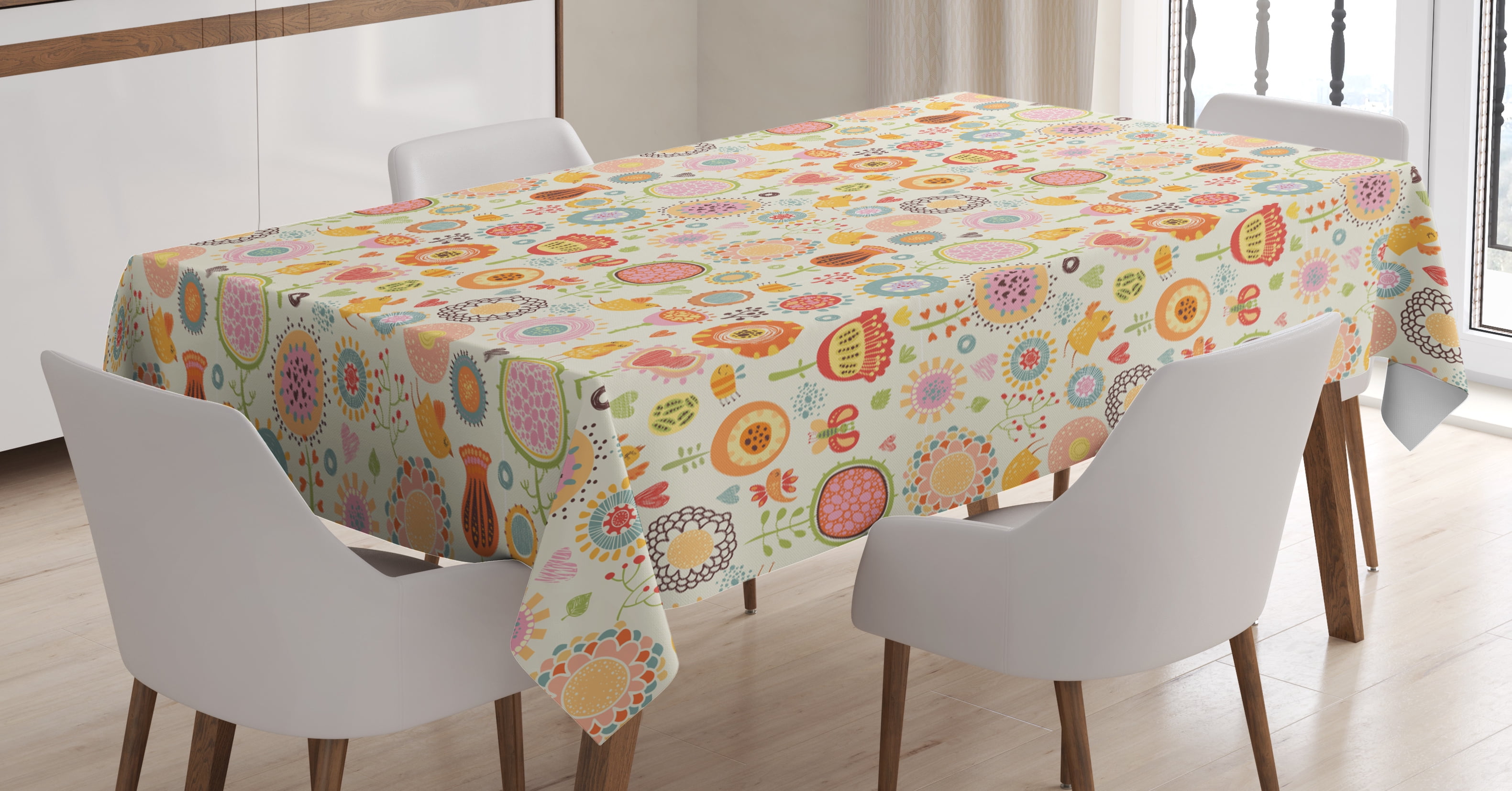 Kids Tablecloth, Retro Ornate Flowers in Drawing Style Little Hearts