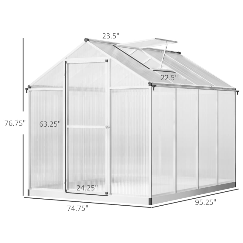 Alvantor Clear 8' L x6' W x6.4' H Walk-in Polycarbonate Greenhouse with Roof Vent & Rain Gutter