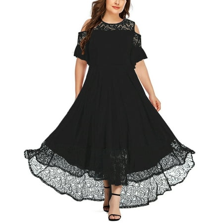 

QIPOPIQ Dresses for Women Deals Plus Size Women Sexy Cold Shlouder Ruffle Half Sleeve Lace Splicing Swing Evening Party Dress