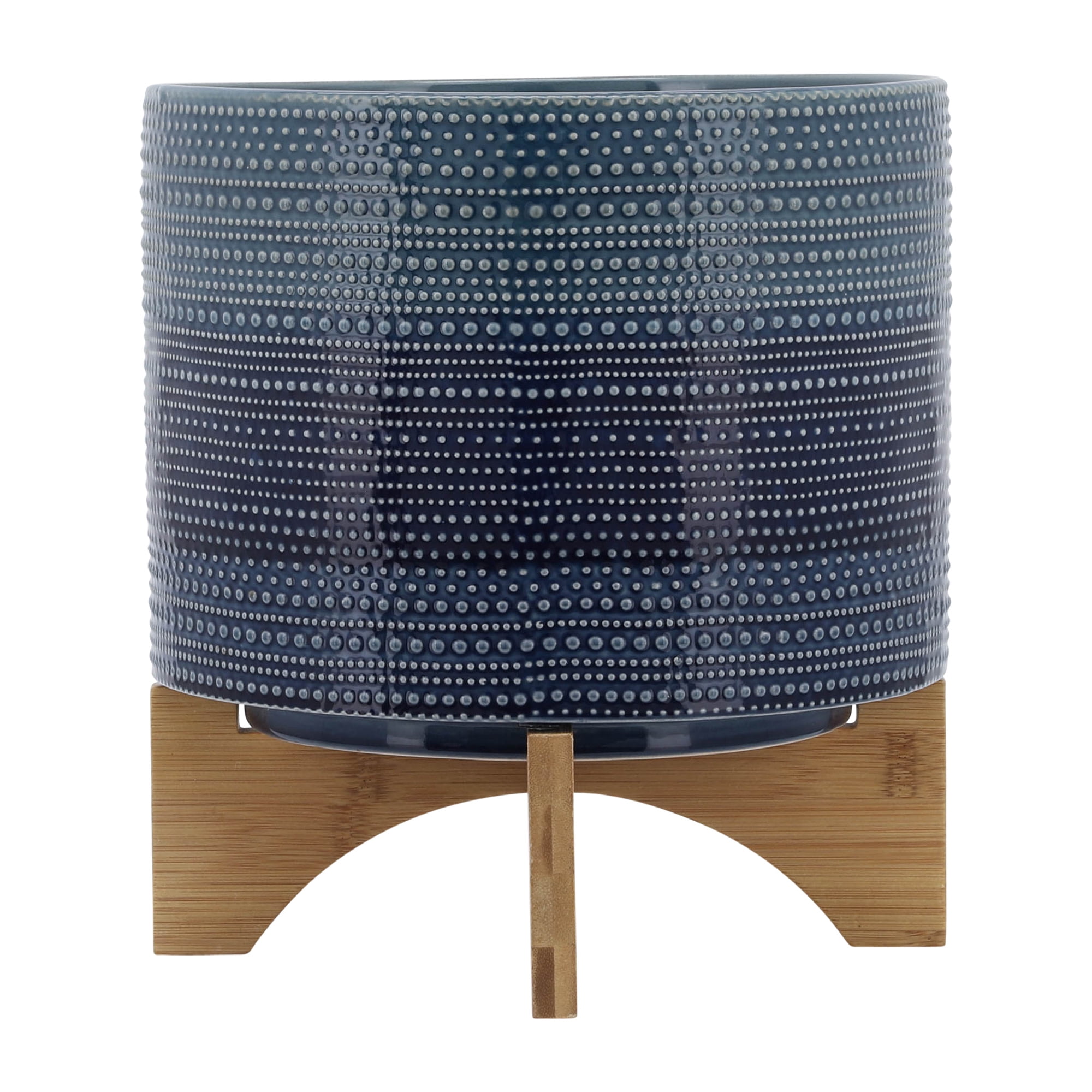 Cylindrical Dotted Flower Pots with Bamboo Stand for Home Decor - Planter for Indoor and Outdoor Plants - Decorative Plant Pots Ceramic Planter for Garden Style Spaces - 11", Blue