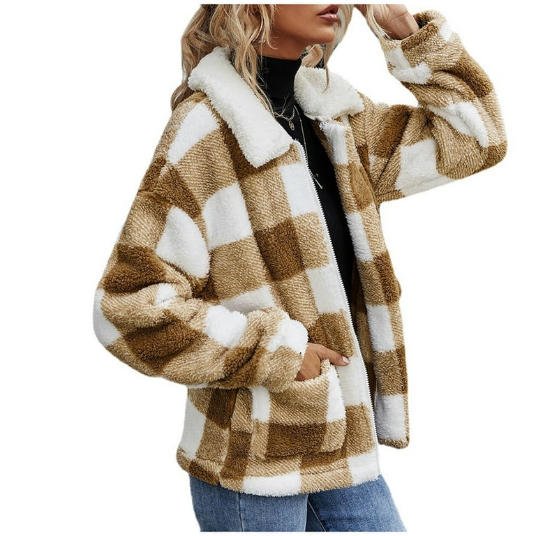 Sherpa Jacket for Women, Fluffy Plaid Lapel Outerwear Plush Coat 1