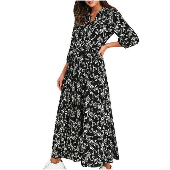 Aueoeo Fall dresses for women 2022, Fashion Casual Turndown Collar Dress Lantern Long Sleeve Women Printed Women's Dress Long Dresses