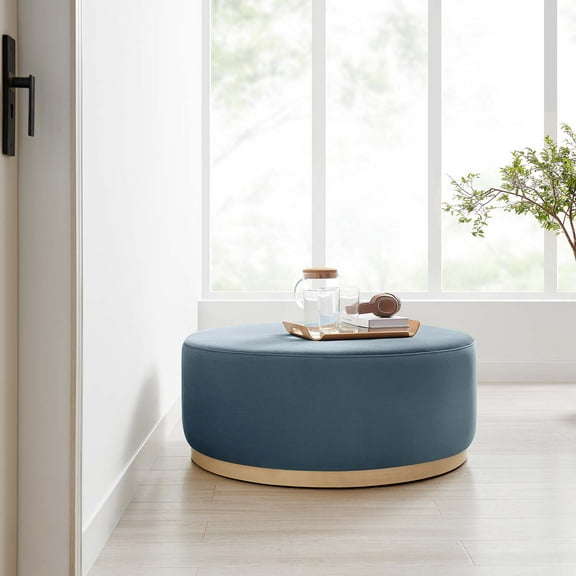 Modway Tilden Large 38" Round Performance Velvet Upholstered Ottoman in Cadet Blue Natural