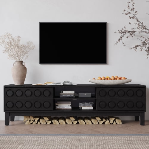 Mid-Century Modern TV Stand for TVs up to 75", Media Console with 4 Drawers & Open Shelves, Black Gray Entertainment Center with Cable Management for Living Room