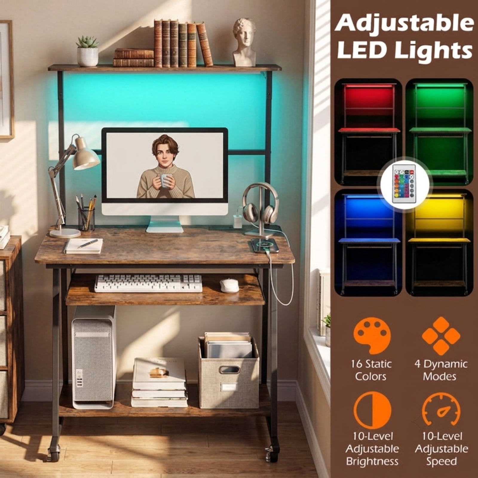 Furnibear Small Computer Desk with Charging Station, Rolling Home Office Desk with LED Lights and 4-Tier Storage for Bedroom Dorm, Rustic Brown