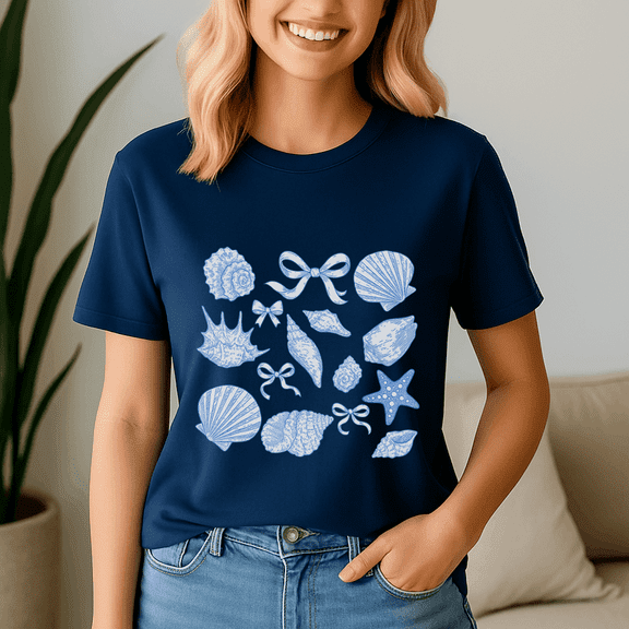 Blue Seashell Bow Beach Girls Ocean Shirt,Preppy Summer Vibes ,Summer Beach Tshirt,Girls Trip,Summer Tee,Summer Vibes