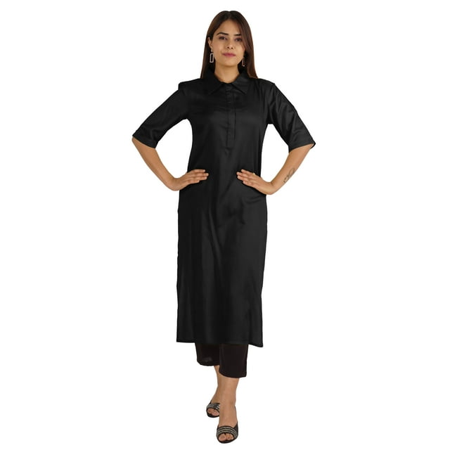 Moomaya Kurta en Rayonne Uni pour Femmes à Manches Évasées, Col à Cordon, Kurti Ethnique Long