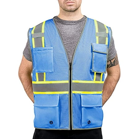 

Sahoo High Visibility Mesh Safety Vest with Dual Tone Reflective Strips 8 Pocket and Zipper ANSI/ISEA Standards，Safety Vest For Men & Women (Blue L)