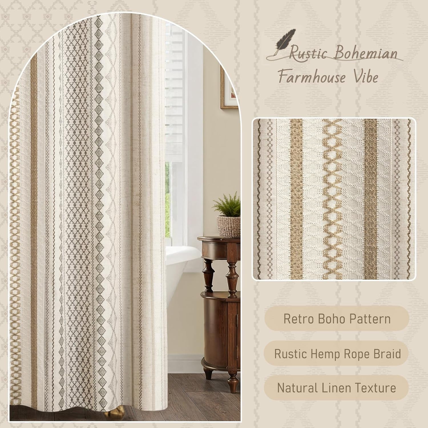 Boho Linen Shower Curtain for Bathroom,with Striped Print and Twine-Inspired Woven Center,72" W x 72" L,Beige