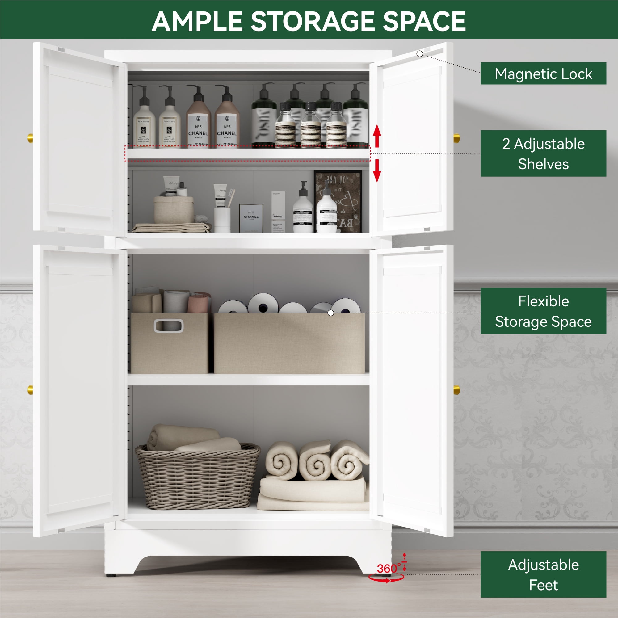 Elegant Bathroom Floor Cabinet,Metal Storage Cabinet,Sideboard with 4 Doors,Modern Metal Storage Locker for Bathroom,Living Room,Entryway,White