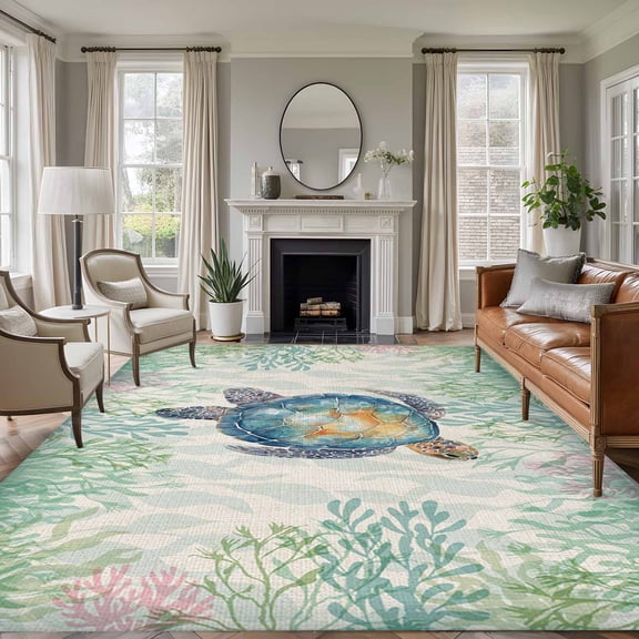 6x9 Area Rugs for Living Room, Sea Turtle Coastal Non Slip Area Rugs for Kitchen Bedroom Entryway, Blue Green Washable Carpet Runner Rug Floor Mats for Bedroom Home Decor Summer Beach Coral Ocean