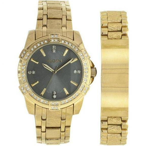 Elgin Gold Analog Wristwatch & Bracelet Set with Crystals, Men's (FG10009ST)