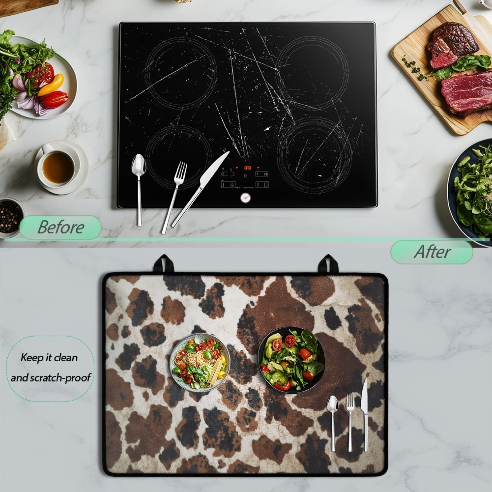 Renewold Glass Top Stove Cover Electric Stove Mat Foldable Non-slip Cooktop Mat Multipurpose Washer Dryer Top Protector Range Cover for Kitchen Counter, Brown Black Cow Print